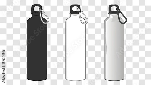 Vector illustration set of three reusable metal water bottles in black white and grey with carabiner clips