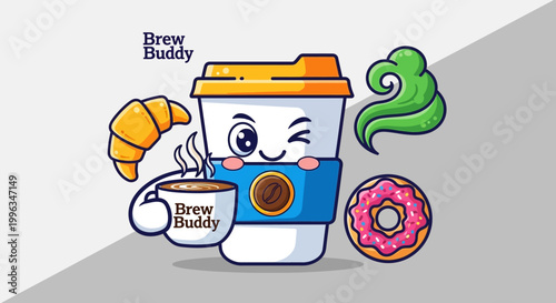 Cartoon coffee cup character with breakfast.