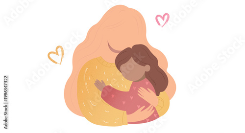Mother and daughter hugging with love, warm flat illustration of family bonding and affection
