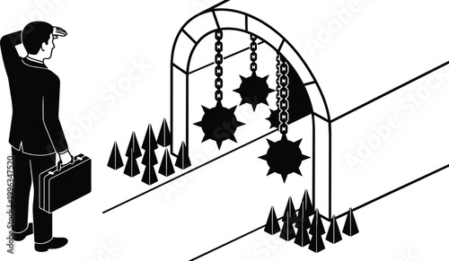 Black and white isometric businessman with briefcase facing archway hung with spiked morning star obstacles