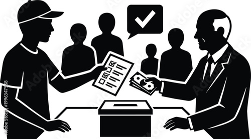Black and white ballot bribery scene voter handing checklist while official accepts cash at ballot box