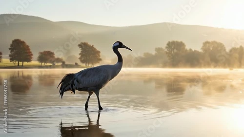 Crane wading in misty lake at golden hour, tranquil autumn landscape with vibrant trees reflecting on water.