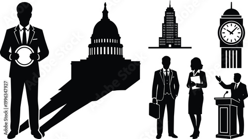 Black and white vector showing us capitol dome shadow and big ben clock with business silhouettes