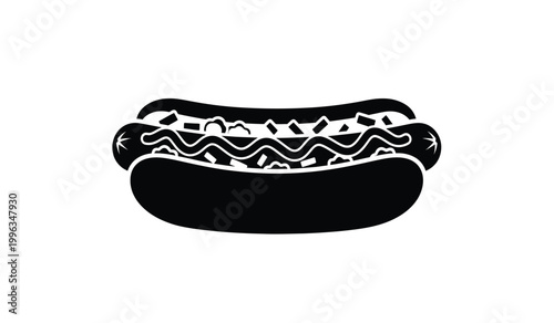 A striking black silhouette depicts a fully loaded hotdog with various toppings showcasing a classic american fast food item silhouette high quality professional detailed