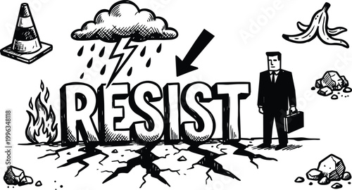 Hand drawn black and white resist lettering cracked ground man with briefcase and arrow