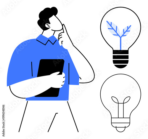 Creativity, sustainability, innovation, design thinking, eco-friendly ideas, technology. Person holding a tablet and thinking with eco-themed light bulb graphics. Creativity and sustainability
