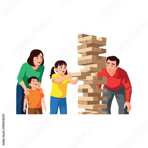 Family playing Jenga game together indoors