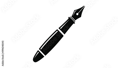 A stark black silhouette of a classic fountain pen is prominently displayed against a bright white background creating a bold silhouette high quality professional