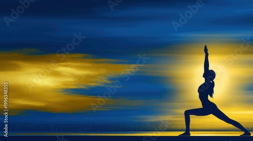 Silhouette of adult man practicing yoga warrior pose on beach at sunset dramatic sky strong stance balance and focus minimal scene Concept of discipline