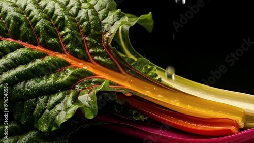 Fresh wet colorful rainbow Swiss chard vegetable with water droplets, healthy cooking ingredient on black background