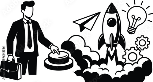 Black and white businessman pressing launch button with rocket paper plane lightbulb and gears