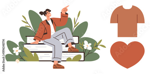 Education, relaxation, learning, lifestyle, clothing, and love. Casual woman sitting on oversized books amid greenery. Education and relaxation with a modern lifestyle theme