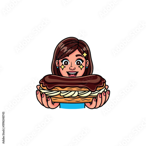 A cartoon woman happily holds up a large chocolate eclair pastry dessert.