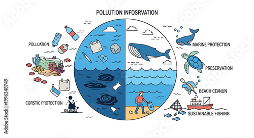 Environmental pollution, infographic elements, eco issues, conservation icons, sustainable fishing, marine protection