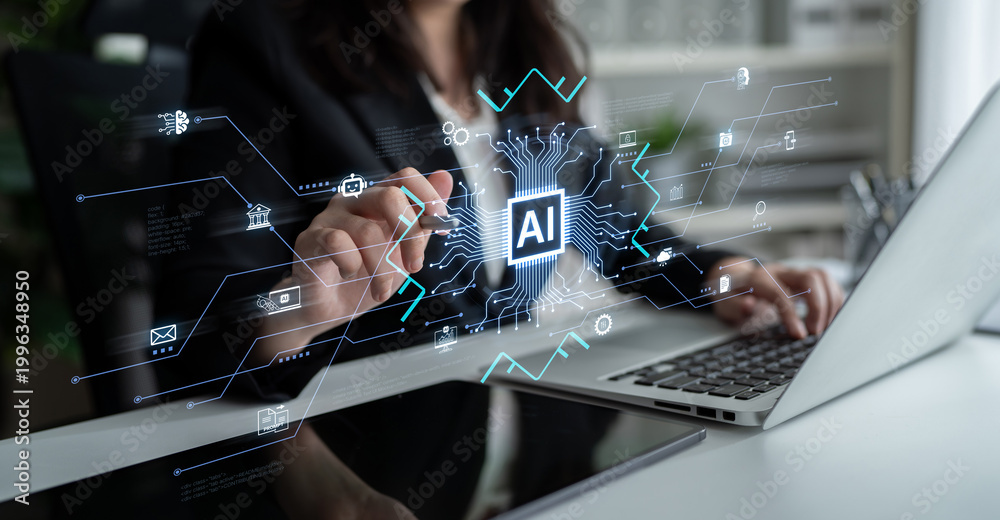 Obraz premium Artificial intelligence integration concept linking apps, data streams and automation across enterprise systems and platforms. Corpus