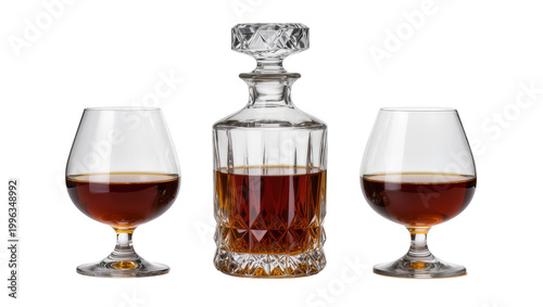 Quadro su tela Crystal decanter and two brandy snifter glasses filled with amber liquor, isolat