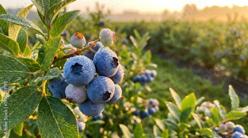 Close-up of ripe blueberries on bush, frosted surface, green leaves, orchard rows in background, warm sunlight highlighting natural beauty and cultivation.