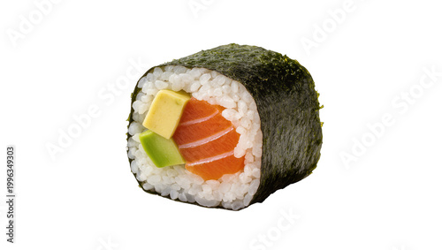 Fresh salmon and avocado sushi roll with nori, isolated on transparent background