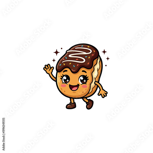 A cheerful cartoon donut with chocolate frosting dances happily on a white background.