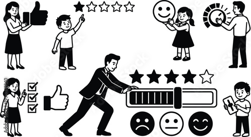 Black and white customer feedback icons with five star rating slider and people