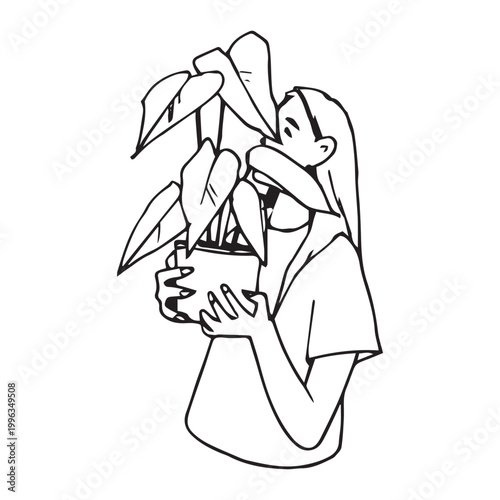 Girl holding potted plant. Woman with houseplant hand drawn doodle outline vector illustration. Plant lover, lifestyle, nature concept isolated on white background.