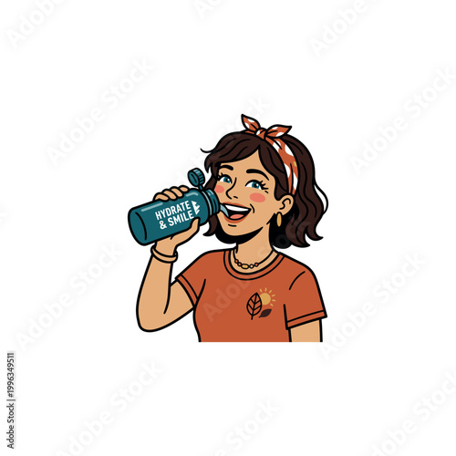 A young girl smiles while drinking from a hydration bottle indoors.