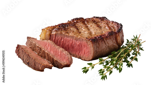Bild auf Leinwand Juicy grilled sirloin steak with thyme sprigs, sliced and isolated on transparen