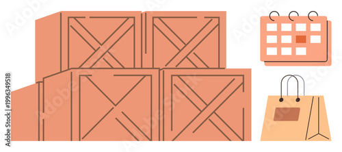 Logistics, inventory, e-commerce, retail, delivery, shipping. Wooden crates stacked together, a shopping bag and a calendar. Logistics and inventory management concepts