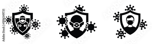 flat design cybersecurity shield icons with hacker threat and protection concept