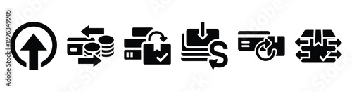 A collection of subscription service silhouette business icon set, black color and white background