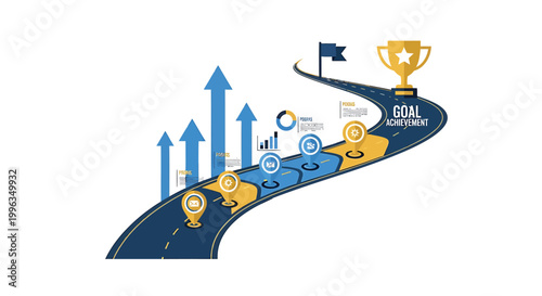 Business goal achievement, success road, growth chart, target icons, vector