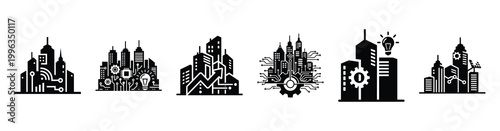 A collection of urban innovation silhouette business icon set, black color and white background