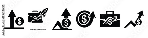 A collection of venture funding silhouette business icon set, black color and white background