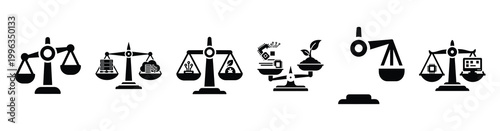 A collection of tech balance silhouette business icon set, black color and white background