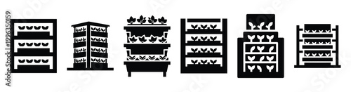A collection of vertical farming silhouette business icon set, black color and white background
