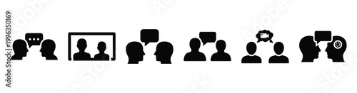 A collection of video conferencing silhouette business icon set, black color and white background
