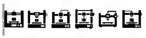 A collection of 3d printing silhouette business icon set, black color and white background