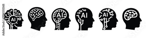 A collection of ai intelligence silhouette business icon set, black color and white background