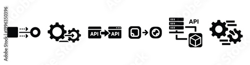 A collection of api integration silhouette business icon set, black color and white background