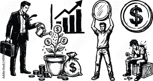 Black and white hand drawn businessman watering money plant with coins bag and rising graph