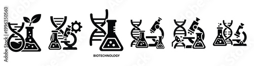 A collection of biotechnology silhouette simple silhouette business icon set, black color and white background