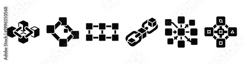 A collection of blockchain system silhouette business icon set, black color and white background