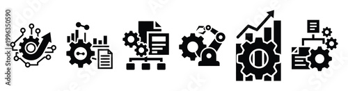 A collection of business automation silhouette business icon set, black color and white background