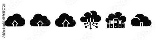 A collection of cloud service silhouette business icon set, black color and white background