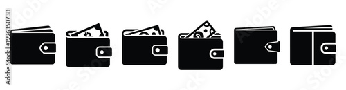 A collection of crypto wallet silhouette business icon set, black color and white background