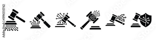 A collection of cyber law silhouette business icon set, black color and white background