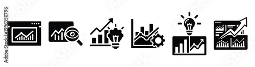 A collection of dashboard insights silhouette business icon set, black color and white background