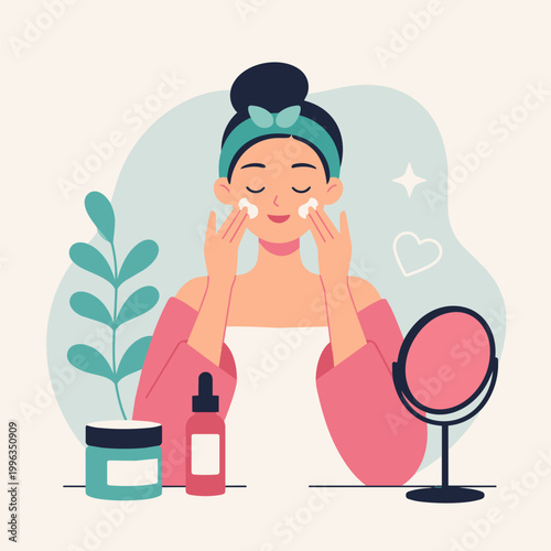 Flat Vector Illustration Of Woman Applying Face Cream Skincare Routine Beauty Treatment With Cosmetics And Mirror