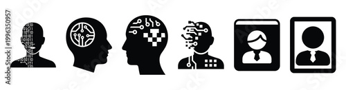 A collection of digital identity silhouette business icon set, black color and white background