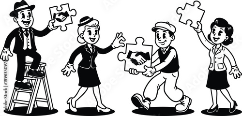 Retro black and white businessmen and businesswomen holding handshake puzzle pieces in row